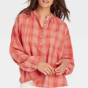 Universal Thread Balloon Sleeve Plaid Top